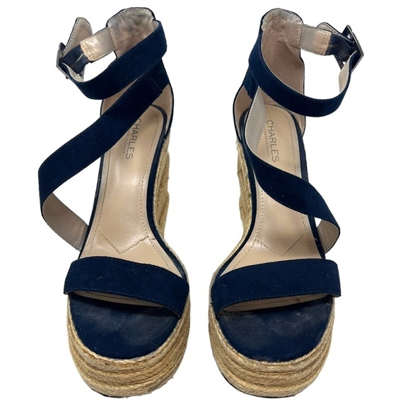 Charles David Microfiber Suede Jute Tall Wedge Open Toe Beachy Sandals Shoes - Picture 3 of 14